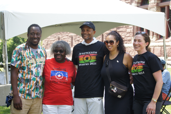 The Woburn Juneteenth lead organizers and partners featuring (left to right) Philip Gordon (SCI), Hermayne Gordon (Woburn Public Library), Mike West (Saint John’s Baptist Church), Jillian Harvey (Mystic Valley Area NAACP), Jennifer Jones (Woburn Democratic City Committee).