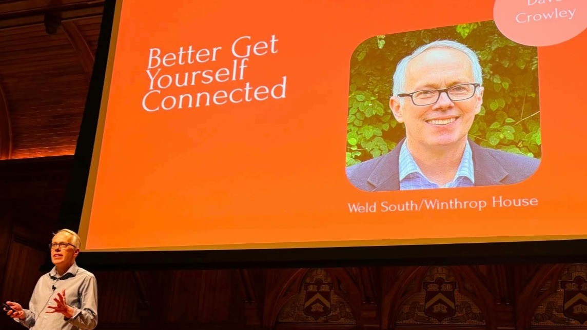 David Crowley delivering speech on social connection at his Harvard reunion.